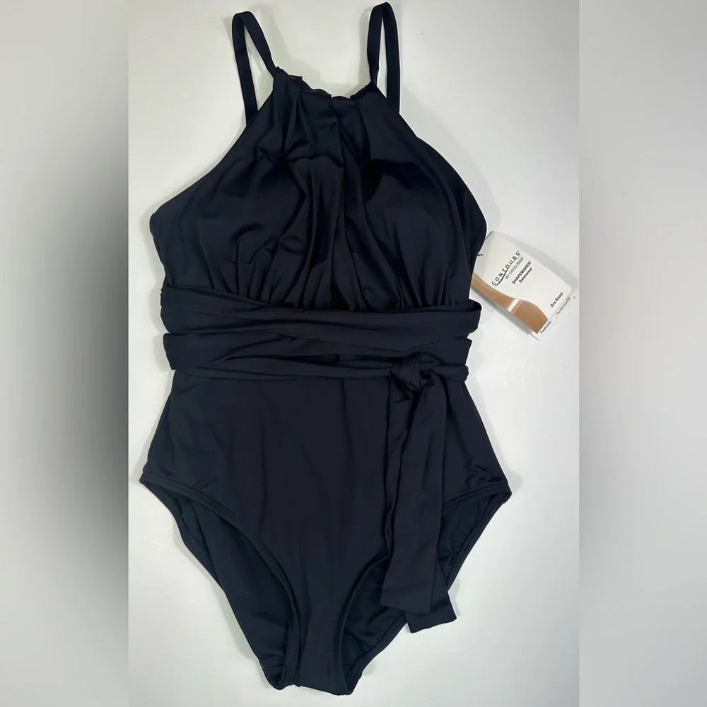 NWT Contours by CoCo Reef Belted High-Neck One-Piece Swimsuit- Black- 12/36C - Picture 3 of 13
